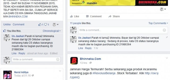 Keluahan Belanja Bhinneka.com facebook